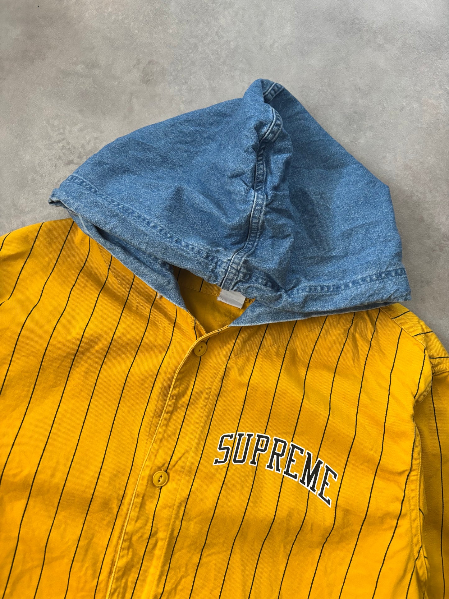 Supreme Denim Hooded Baseball Shirt (Str. L)