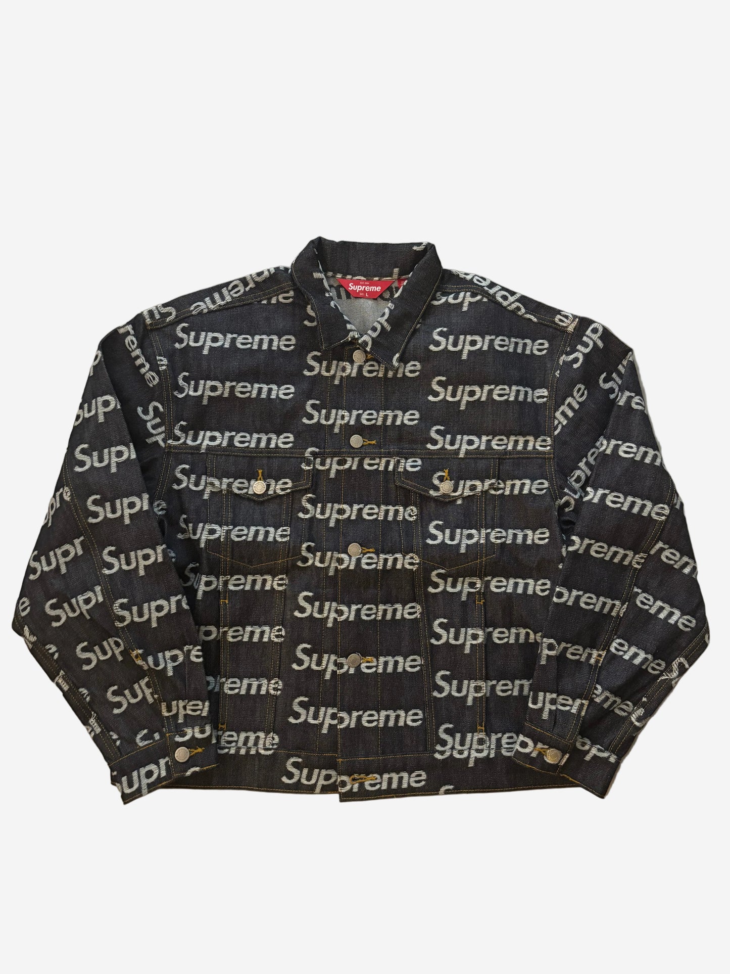 Supreme Jacquard Logos Denim Trucker Jacket (Str. L)