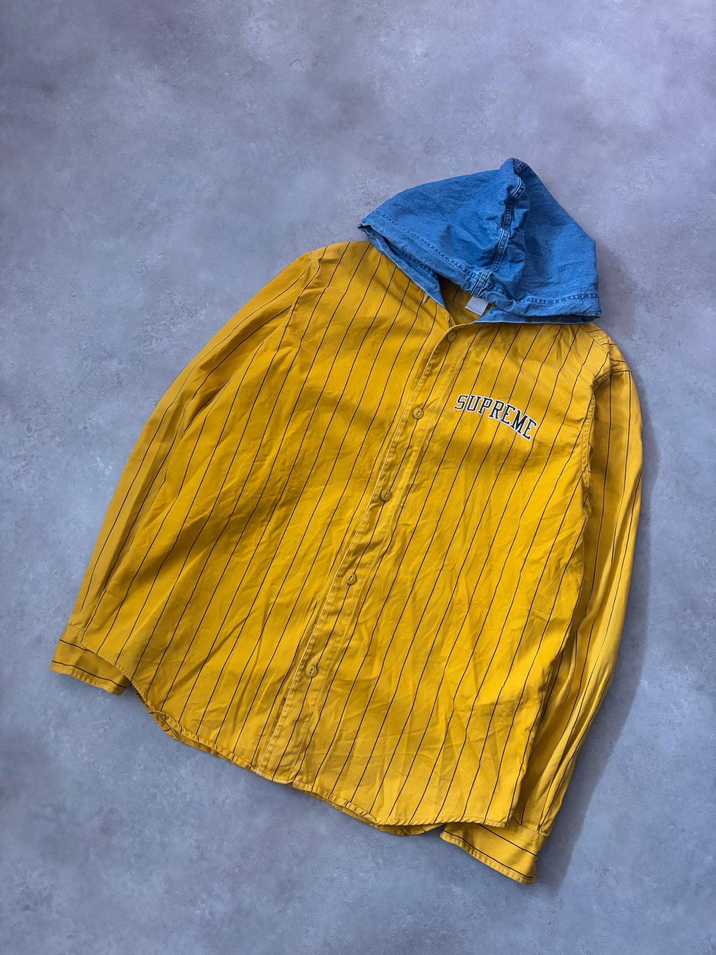 Supreme Denim Hooded Baseball Shirt (Str. L)