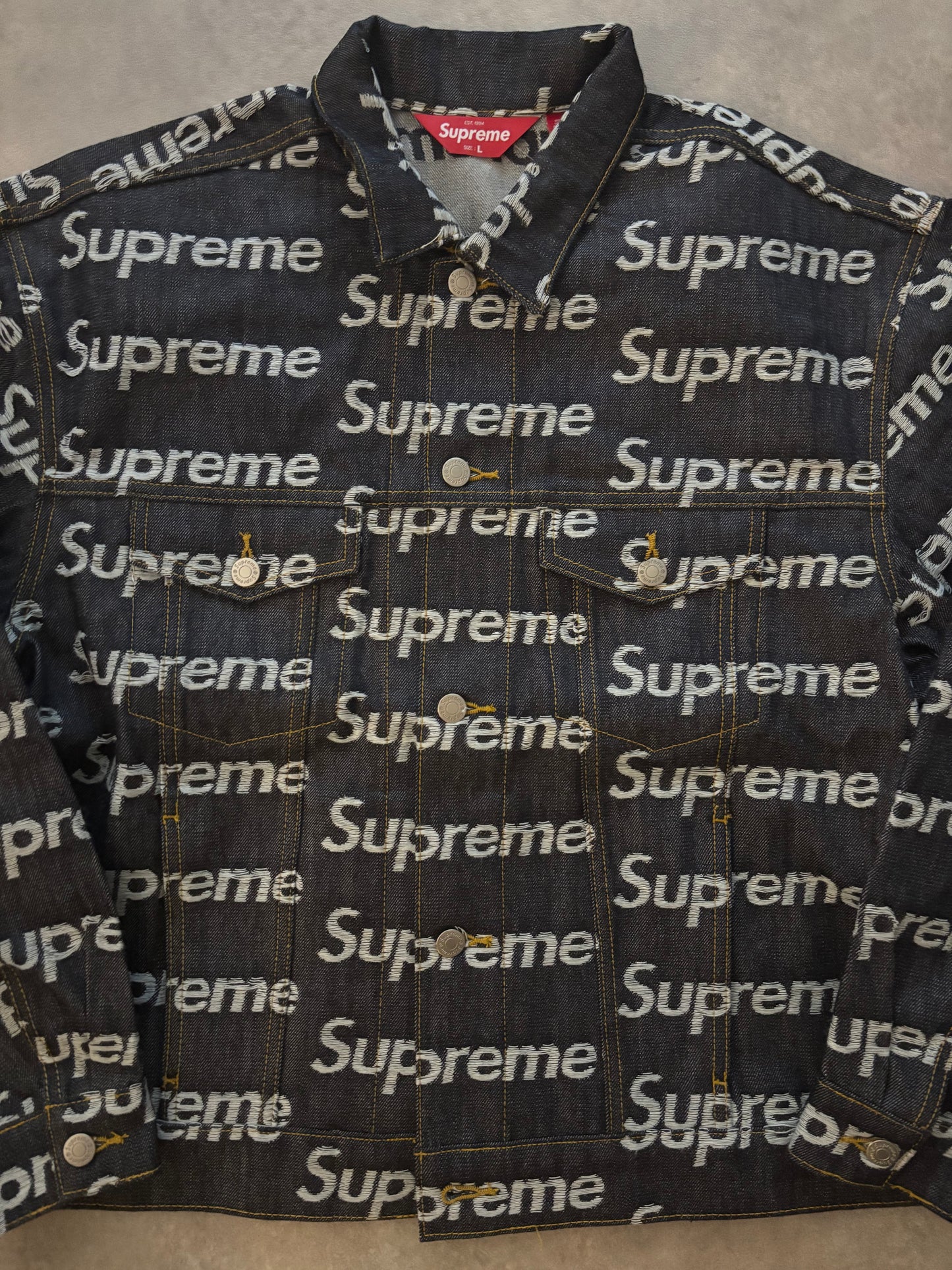 Supreme Jacquard Logos Denim Trucker Jacket (Str. L)