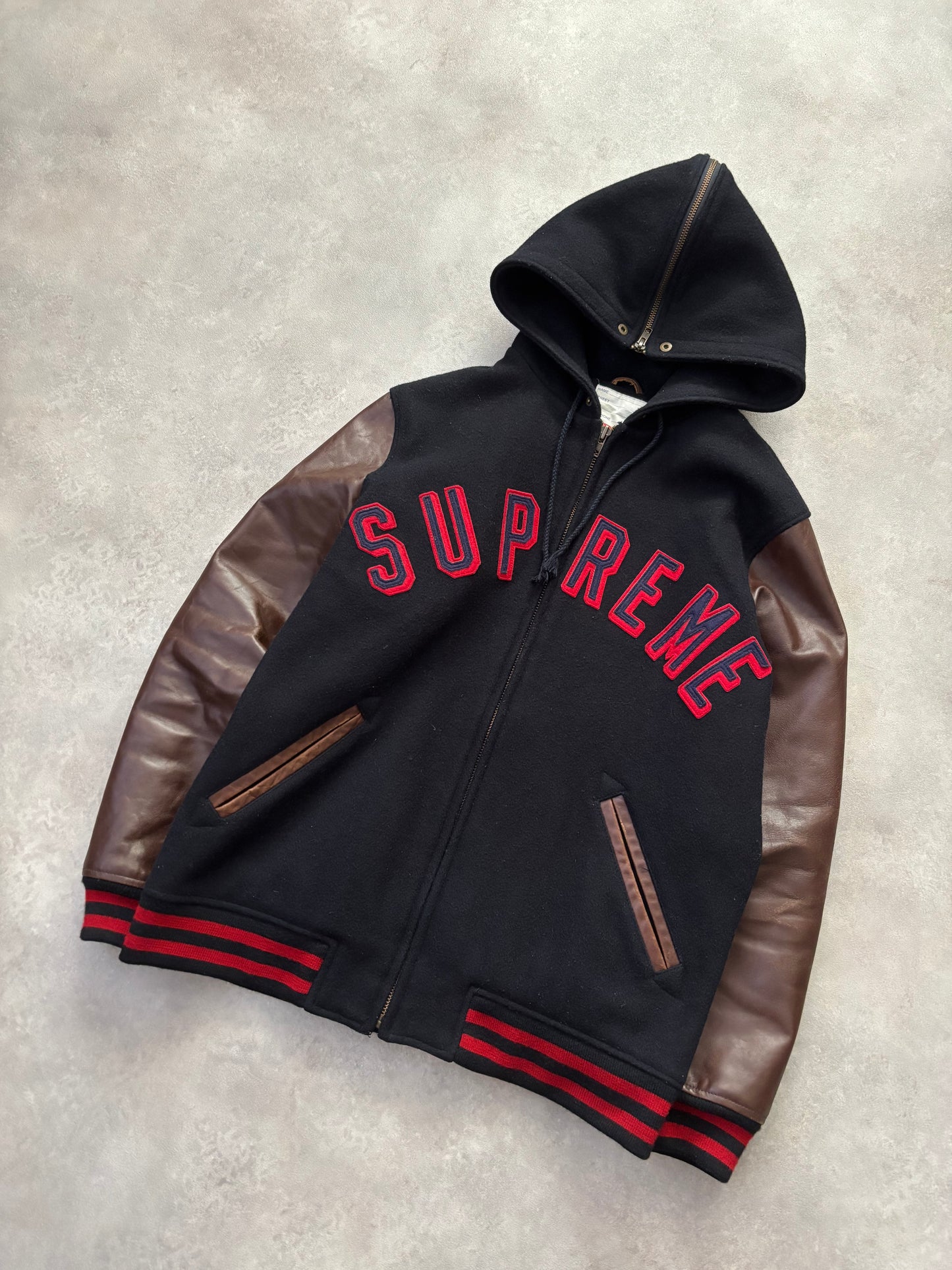 Supreme Hooded Varsity Leather Sleeve Jacket (Str. L)