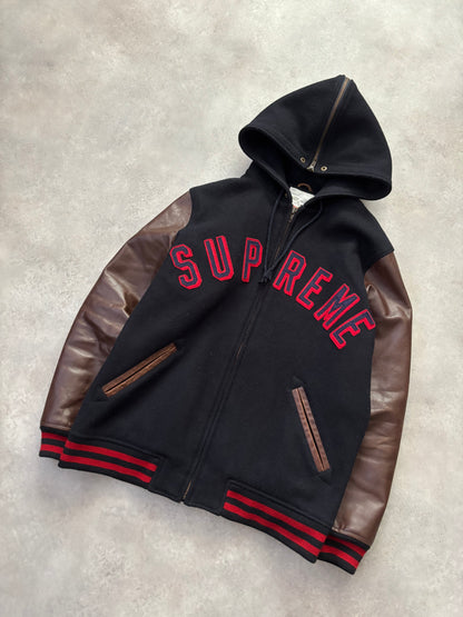 Supreme Hooded Varsity Leather Sleeve Jacket (Str. L)
