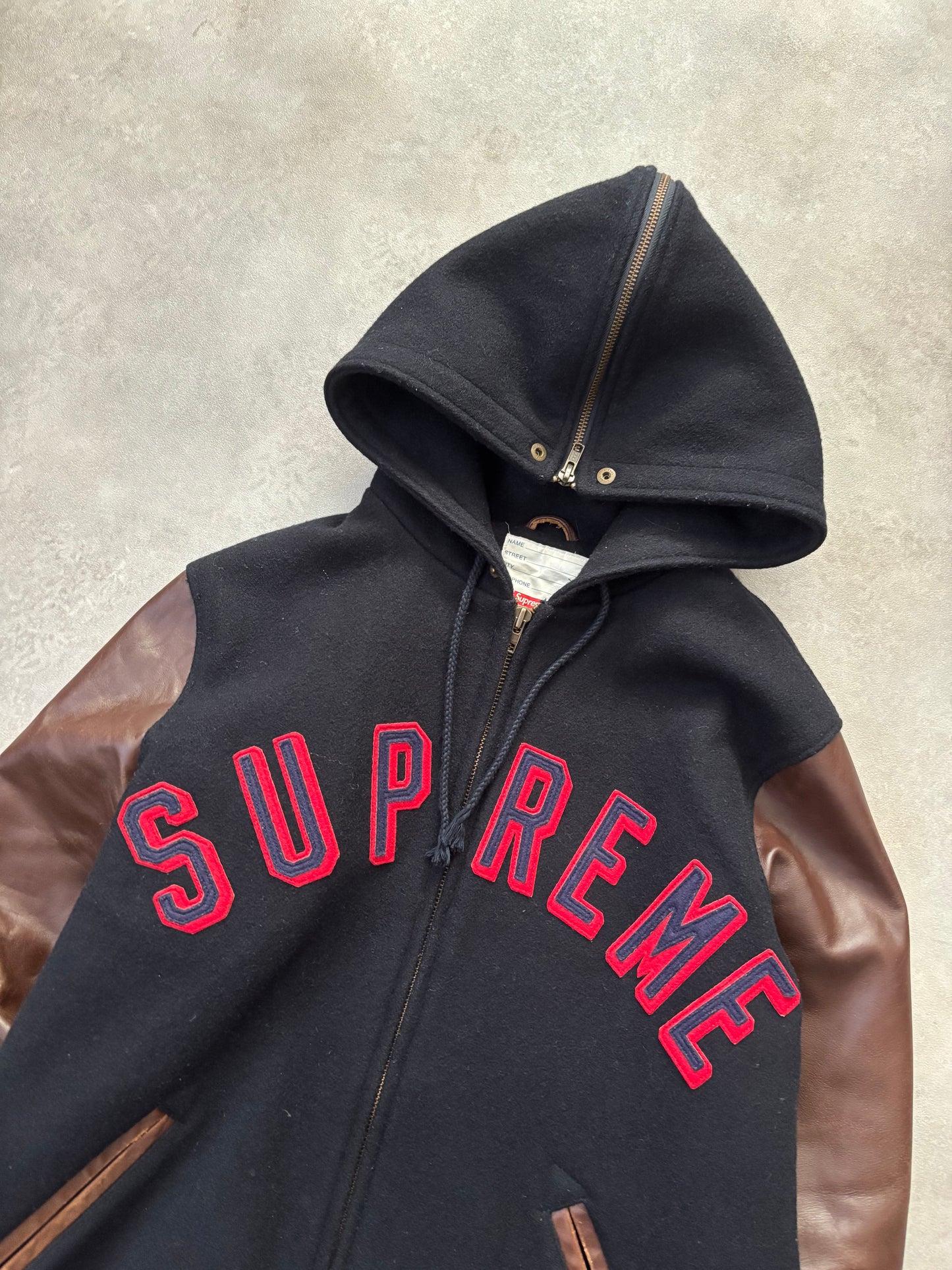 Supreme Hooded Varsity Leather Sleeve Jacket (Str. L)