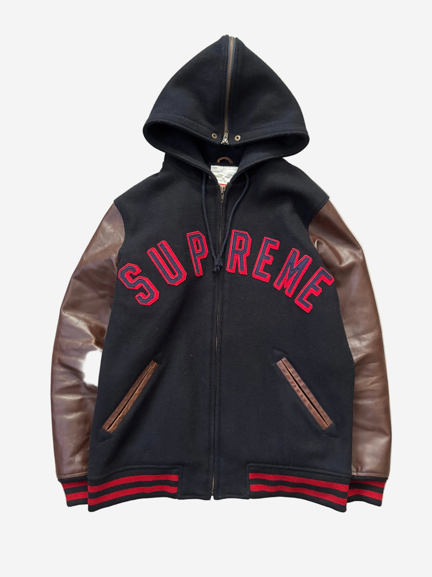 Supreme Hooded Varsity Leather Sleeve Jacket (Str. L)