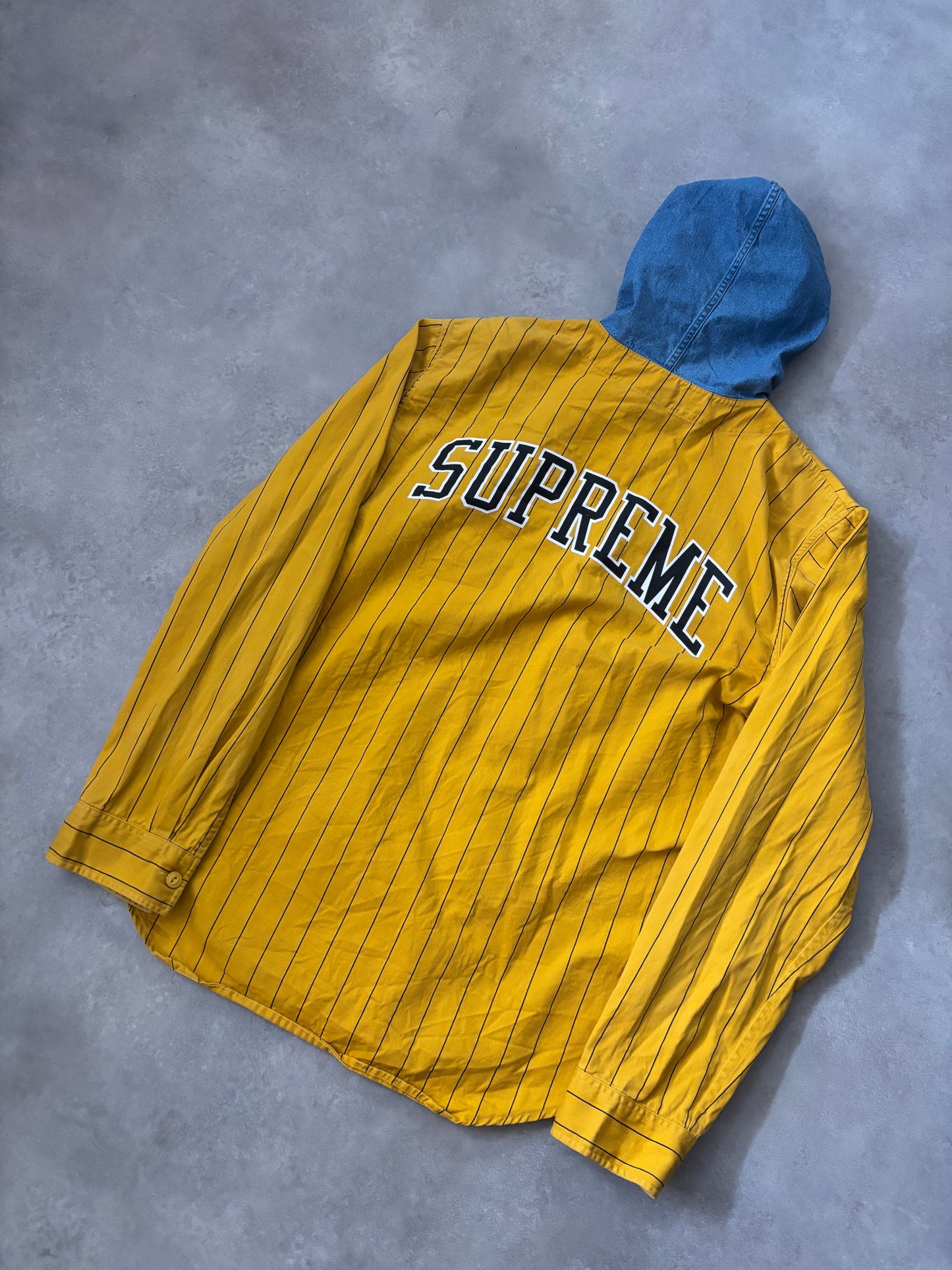 Supreme Denim Hooded Baseball Shirt (Str. L)