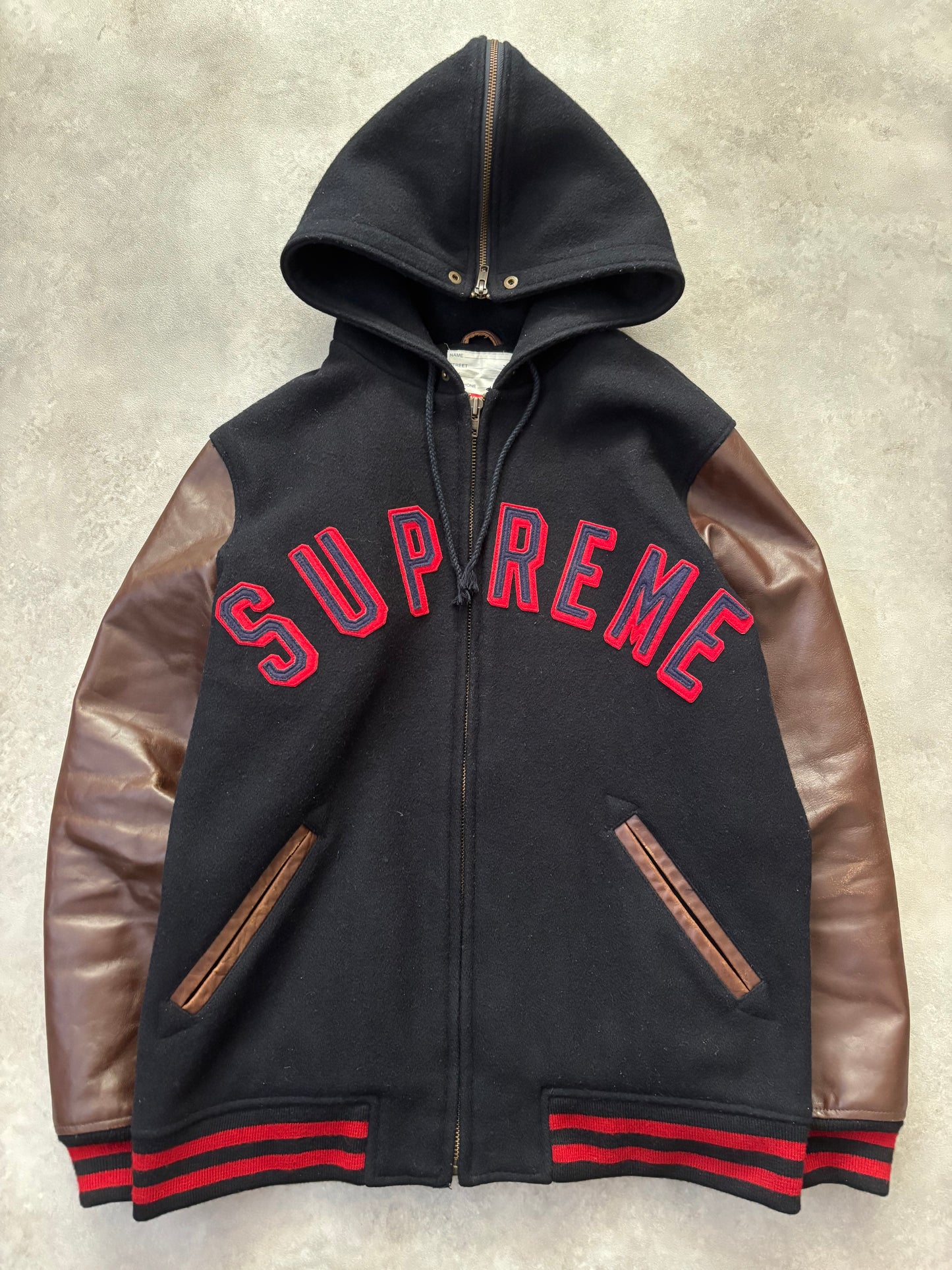 Supreme Hooded Varsity Leather Sleeve Jacket (Str. L)