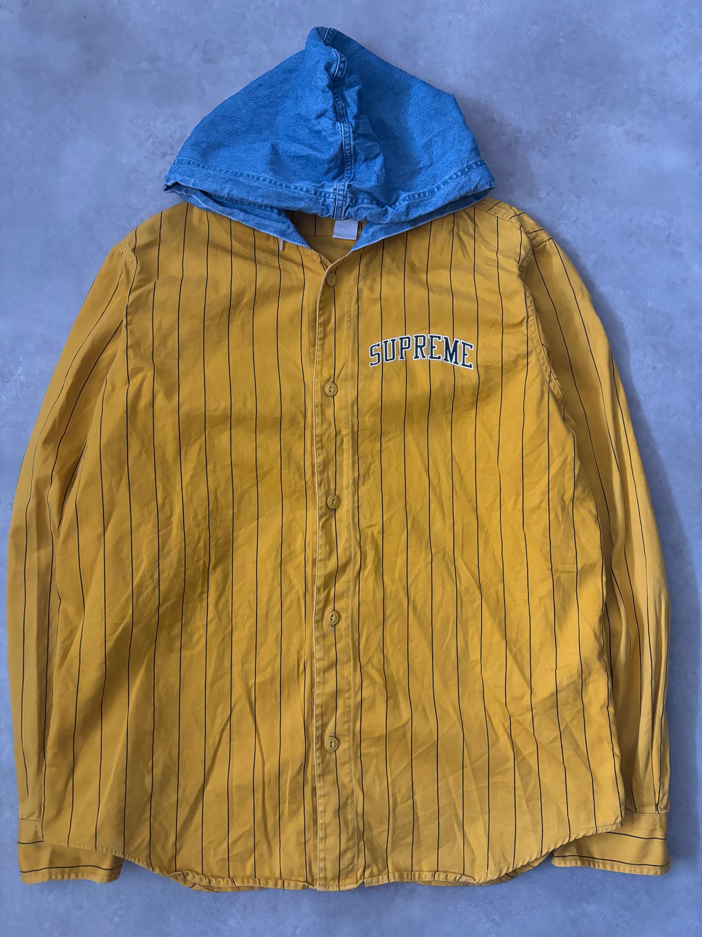 Supreme Denim Hooded Baseball Shirt (Str. L)